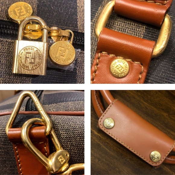 FENDI Pequin Pecan Striped Bandolier Boston Travel Bag w FENDI Shoulder Strap - Picture 8 of 17